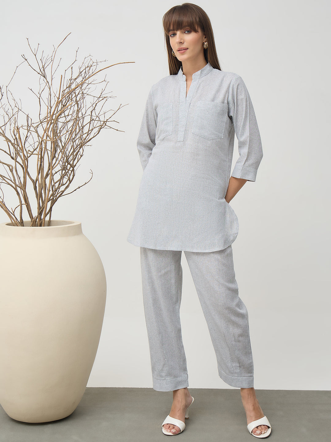 Women’s Grey Linen Blend Co-Ord Set with Tunic Top and Straight Pants