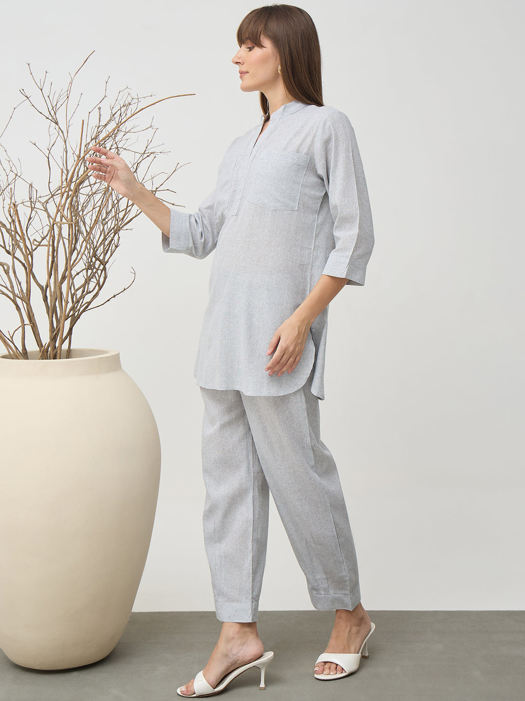 Women’s Grey Linen Blend Co-Ord Set with Tunic Top and Straight Pants