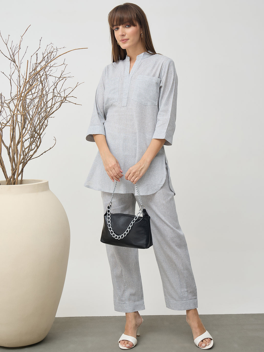 Women’s Grey Linen Blend Co-Ord Set with Tunic Top and Straight Pants