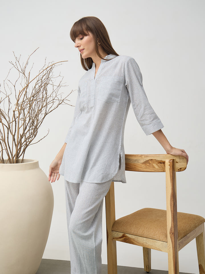 Women’s Grey Linen Blend Co-Ord Set with Tunic Top and Straight Pants