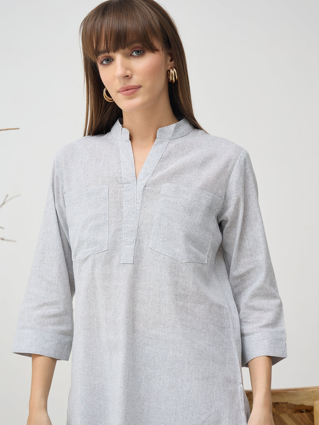 Women’s Grey Linen Blend Co-Ord Set with Tunic Top and Straight Pants