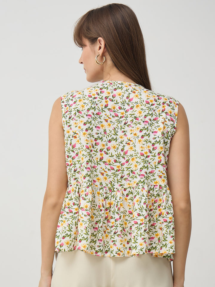 Women’s White Floral Sleeveless Peplum Top with Tie-Up Neck