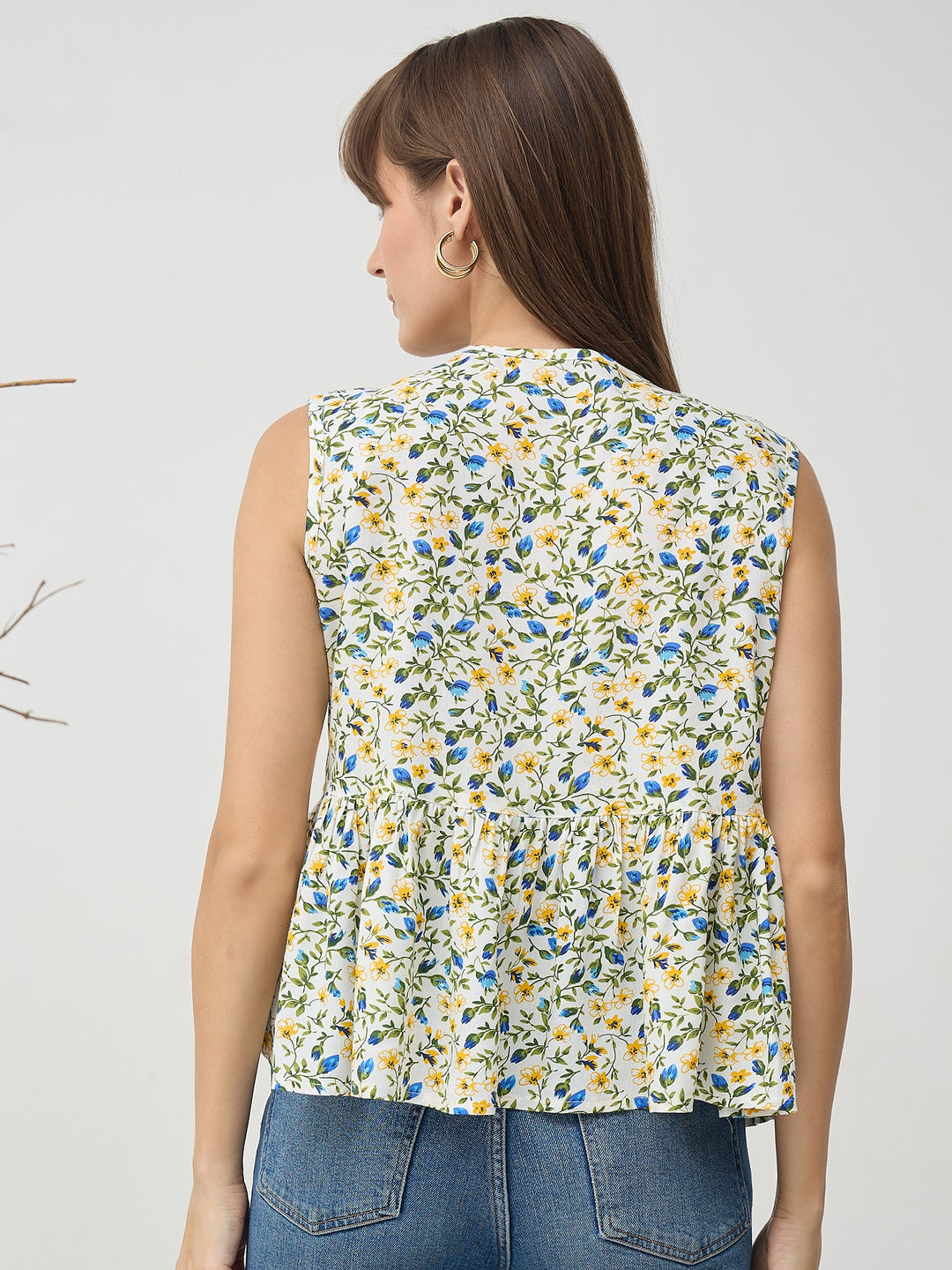 Women’s White Floral Sleeveless Peplum Top with Tie-Up Neck