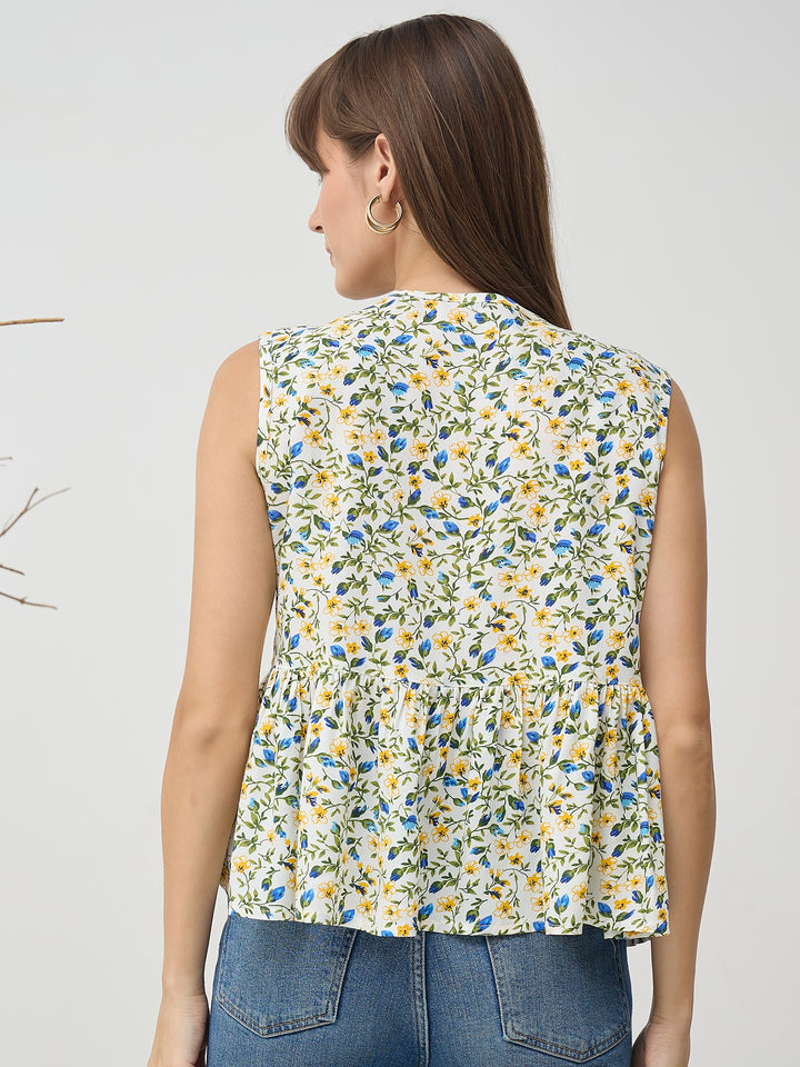 Women’s White Floral Sleeveless Peplum Top with Tie-Up Neck
