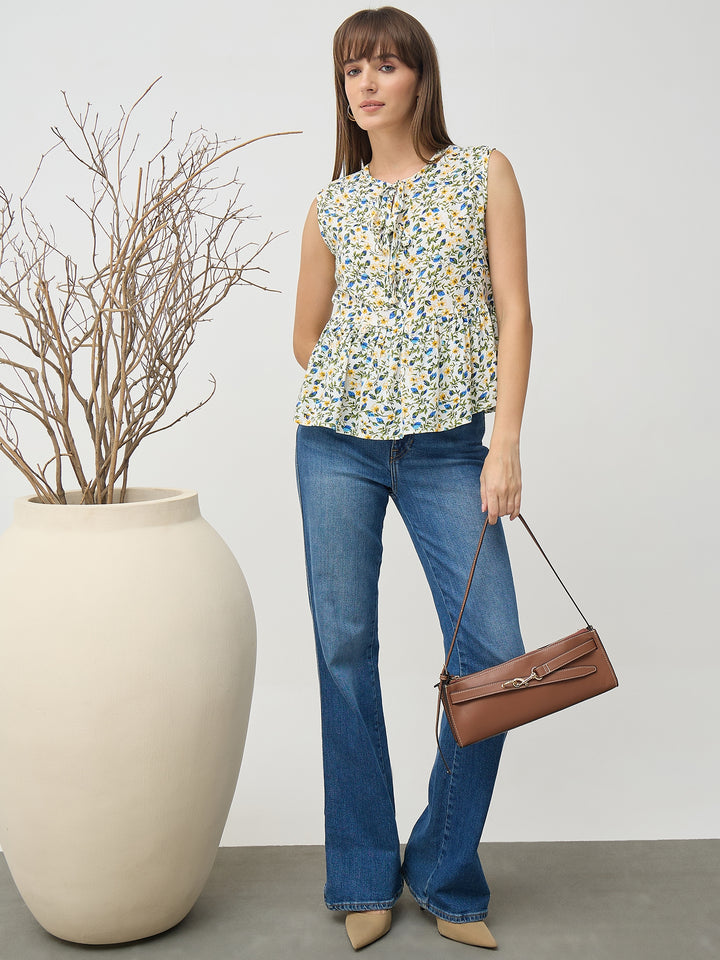 Women’s White Floral Sleeveless Peplum Top with Tie-Up Neck
