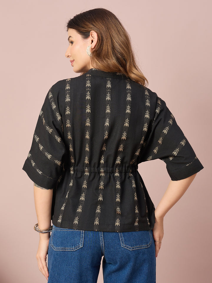 Women’s Printed Cotton Peplum Top with Button-Down Front and Adjustable Waist Tie | Casual Wear