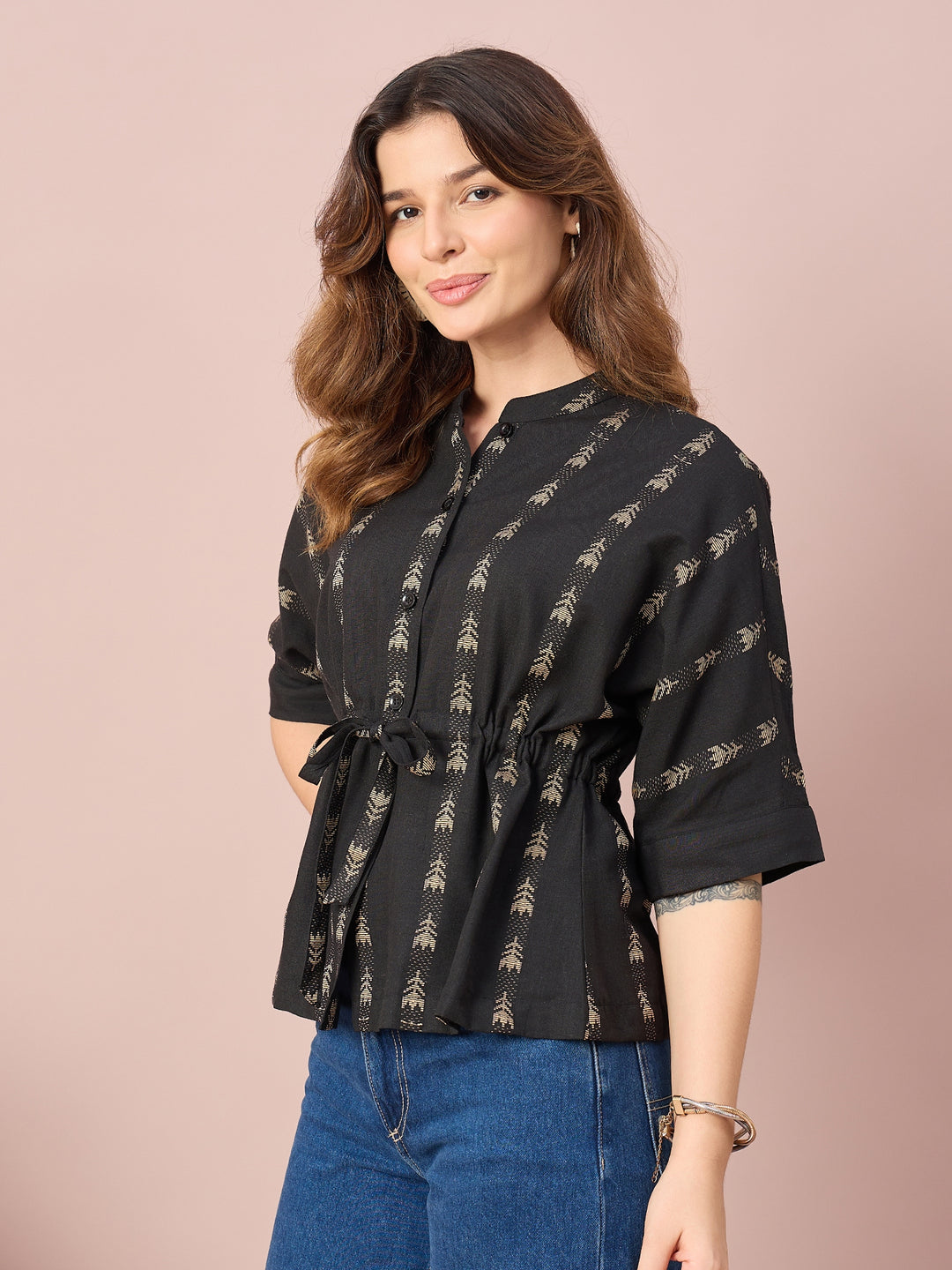 Women’s Printed Cotton Peplum Top with Button-Down Front and Adjustable Waist Tie | Casual Wear