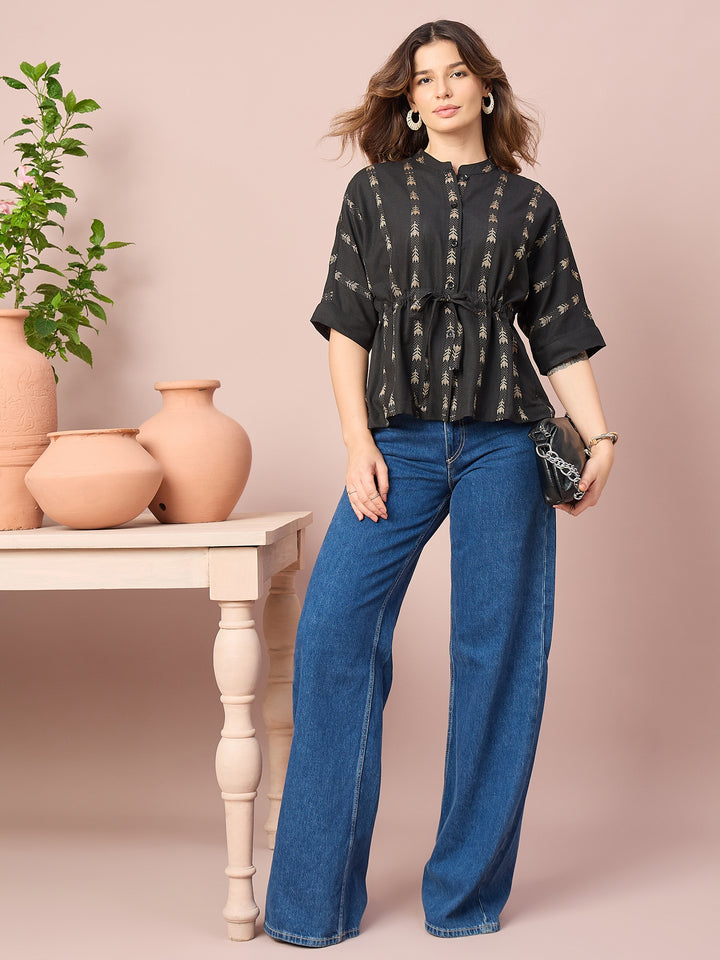 Women’s Printed Cotton Peplum Top with Button-Down Front and Adjustable Waist Tie | Casual Wear