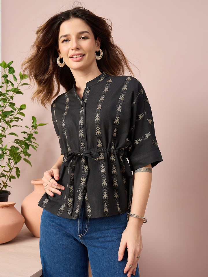 Women’s Printed Cotton Peplum Top with Button-Down Front and Adjustable Waist Tie | Casual Wear