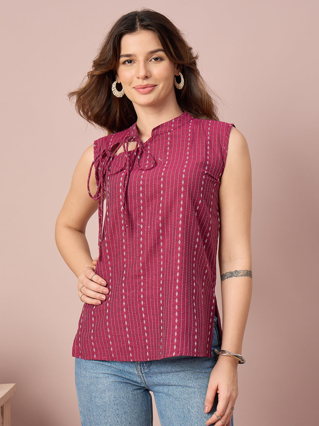 Women’s Printed Sleeveless Top with Tie-Up Neckline | Casual Western Wear