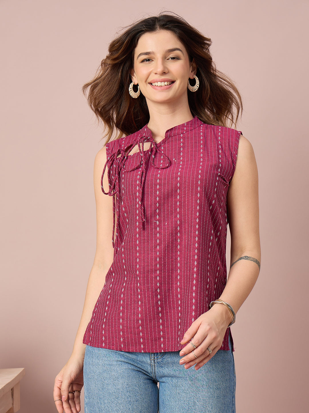 Women’s Printed Sleeveless Top with Tie-Up Neckline | Casual Western Wear