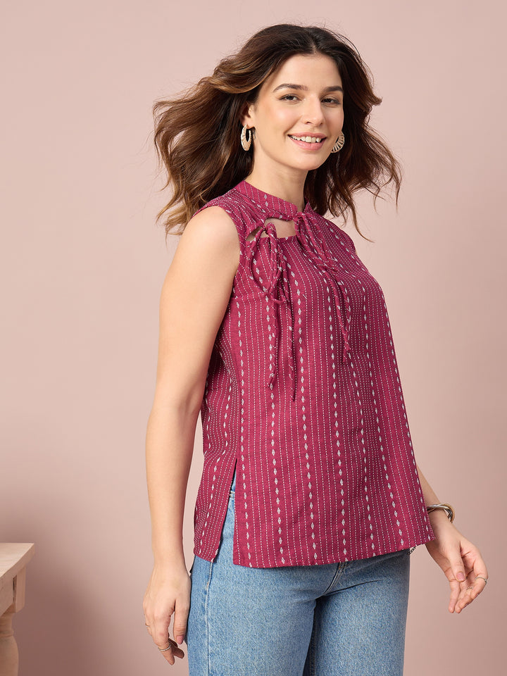 Women’s Printed Sleeveless Top with Tie-Up Neckline | Casual Western Wear