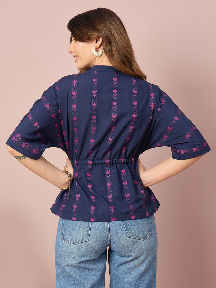 Women’s Printed Cotton Peplum Top with Button-Down Front and Adjustable Waist Tie | Casual Wear