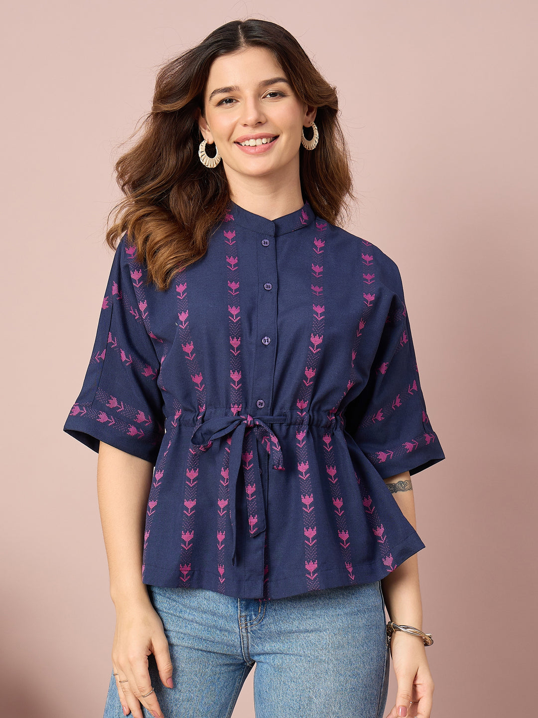 Women’s Printed Cotton Peplum Top with Button-Down Front and Adjustable Waist Tie | Casual Wear