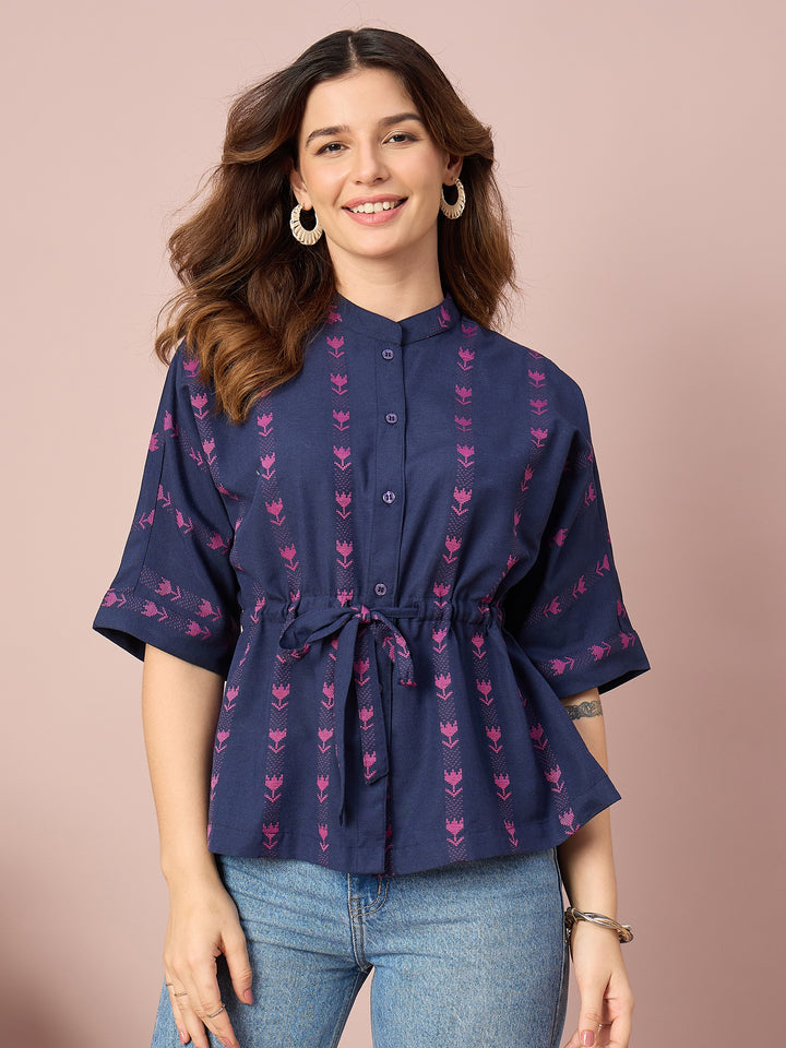 Women’s Printed Cotton Peplum Top with Button-Down Front and Adjustable Waist Tie | Casual Wear
