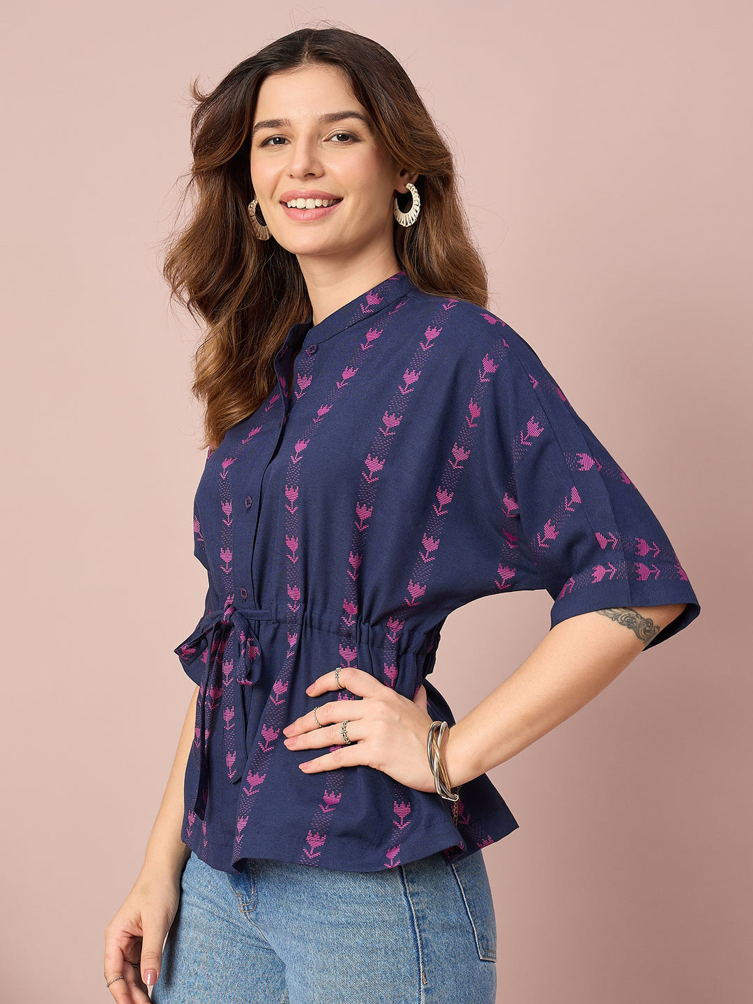 Women’s Printed Cotton Peplum Top with Button-Down Front and Adjustable Waist Tie | Casual Wear