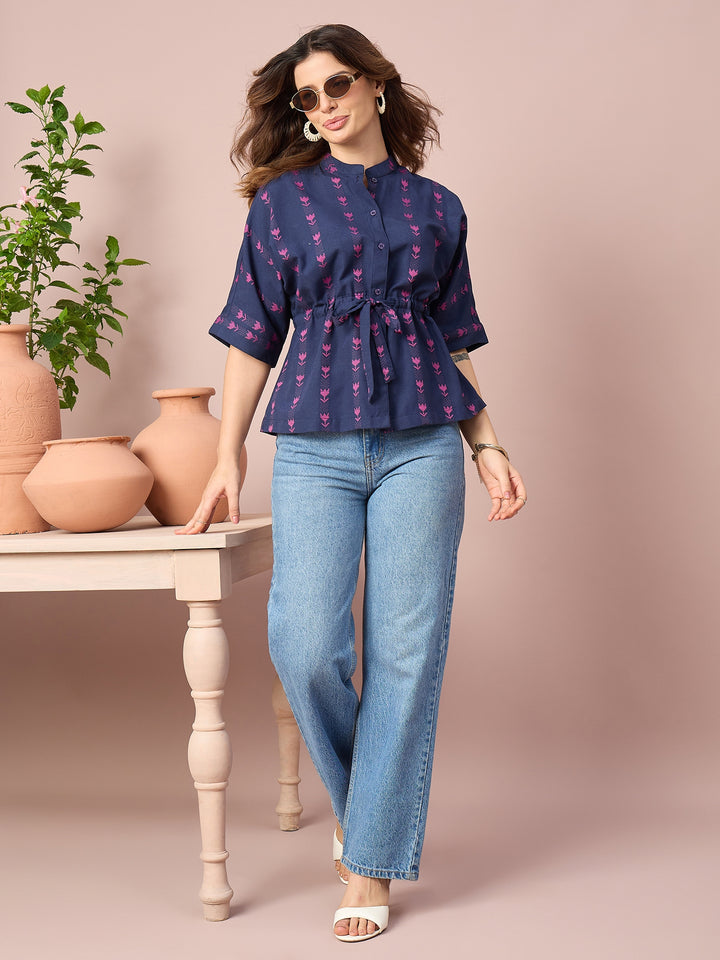 Women’s Printed Cotton Peplum Top with Button-Down Front and Adjustable Waist Tie | Casual Wear