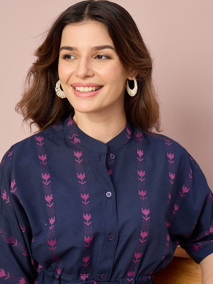 Women’s Printed Cotton Peplum Top with Button-Down Front and Adjustable Waist Tie | Casual Wear