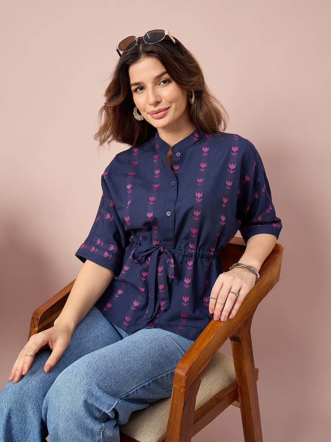 Women’s Printed Cotton Peplum Top with Button-Down Front and Adjustable Waist Tie | Casual Wear