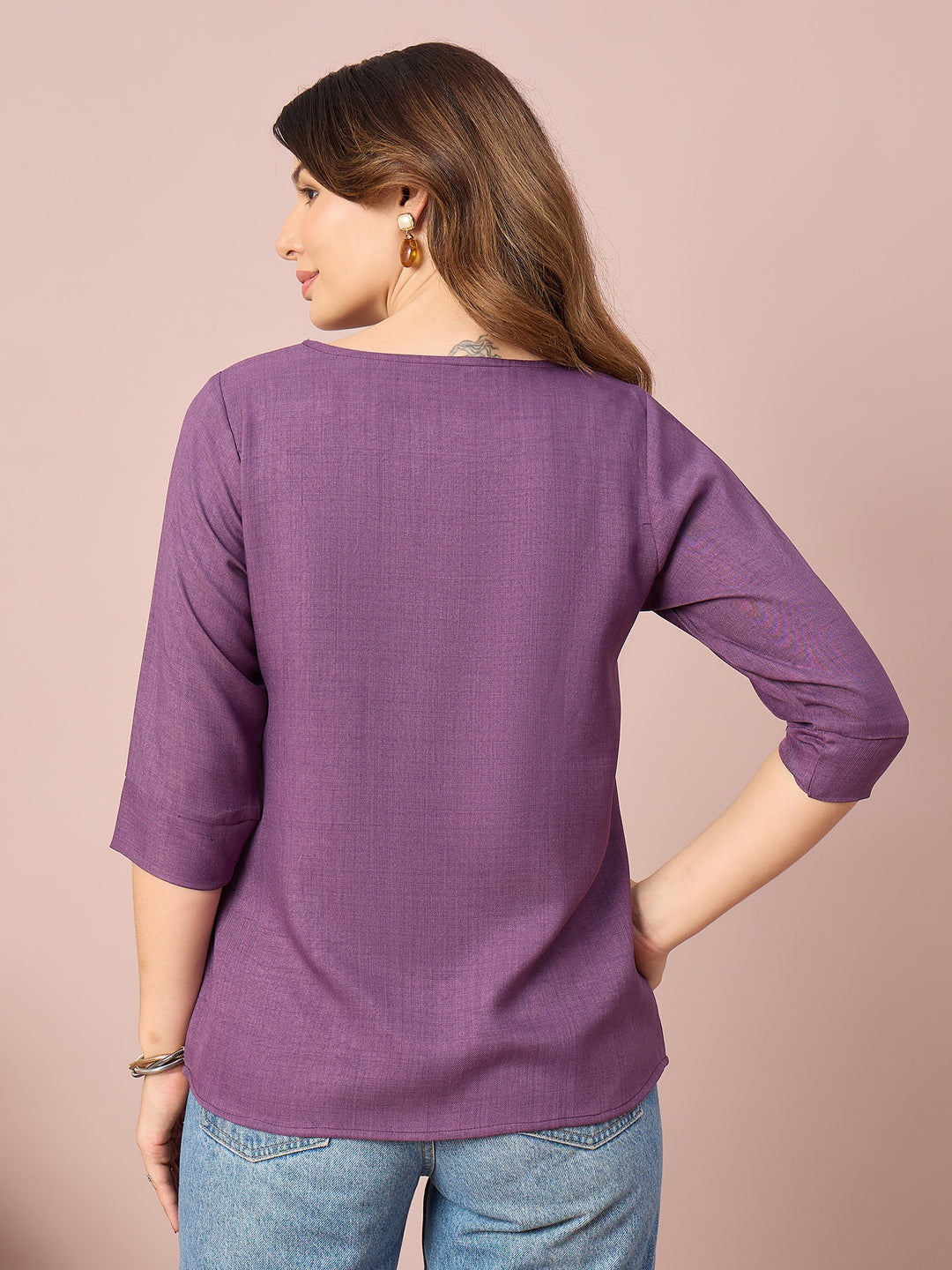 Women’s Solid Top with V-Neck, Decorative Button Detail and 3/4 Sleeves | Casual Everyday Wear Top