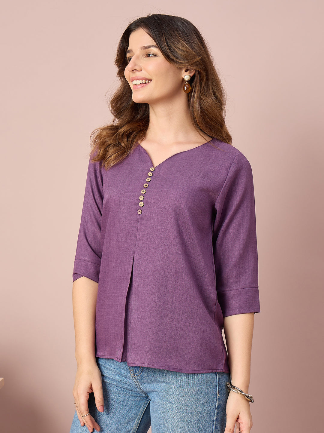 Women’s Solid Top with V-Neck, Decorative Button Detail and 3/4 Sleeves | Casual Everyday Wear Top