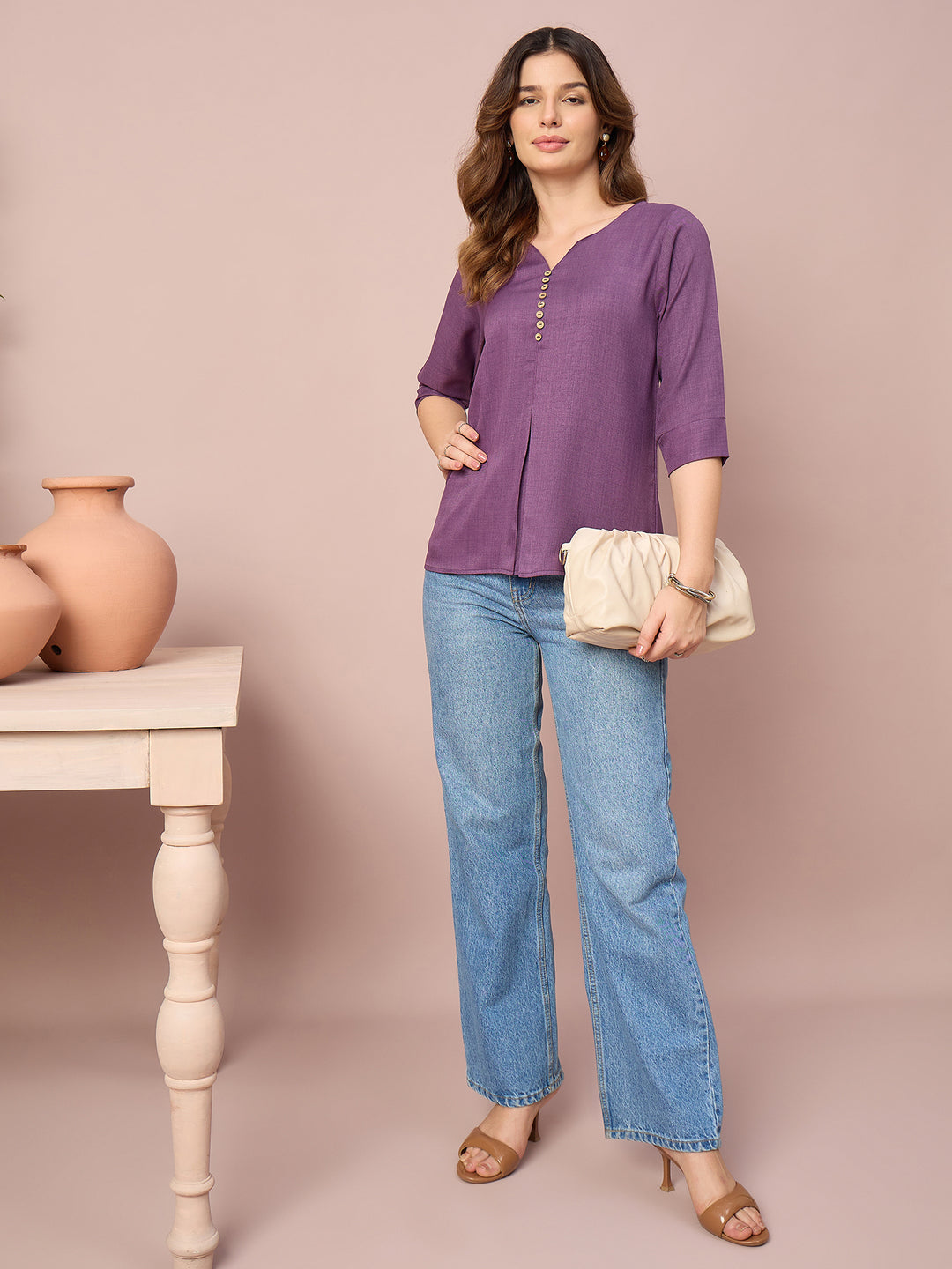 Women’s Solid Top with V-Neck, Decorative Button Detail and 3/4 Sleeves | Casual Everyday Wear Top