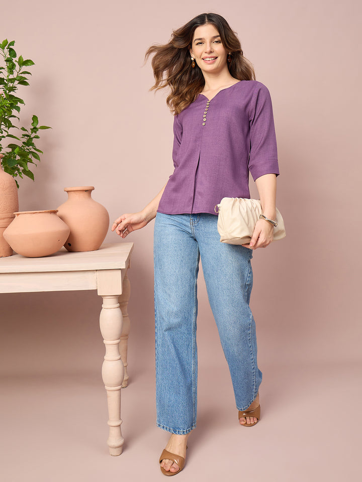 Women’s Solid Top with V-Neck, Decorative Button Detail and 3/4 Sleeves | Casual Everyday Wear Top