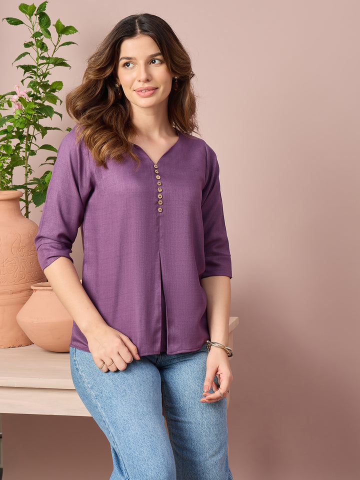 Women’s Solid Top with V-Neck, Decorative Button Detail and 3/4 Sleeves | Casual Everyday Wear Top