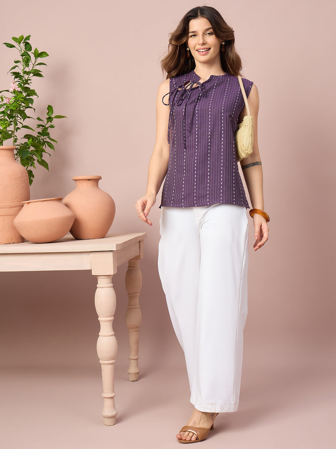 Women’s Printed Sleeveless Top with Tie-Up Neckline | Casual Western Wear