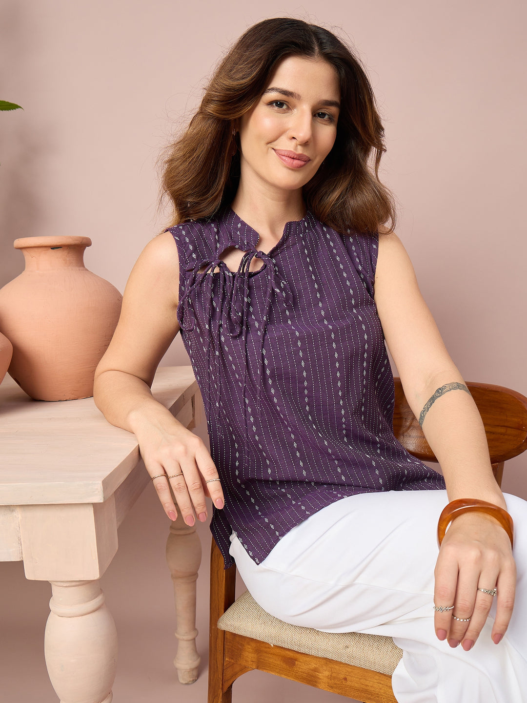 Women’s Printed Sleeveless Top with Tie-Up Neckline | Casual Western Wear