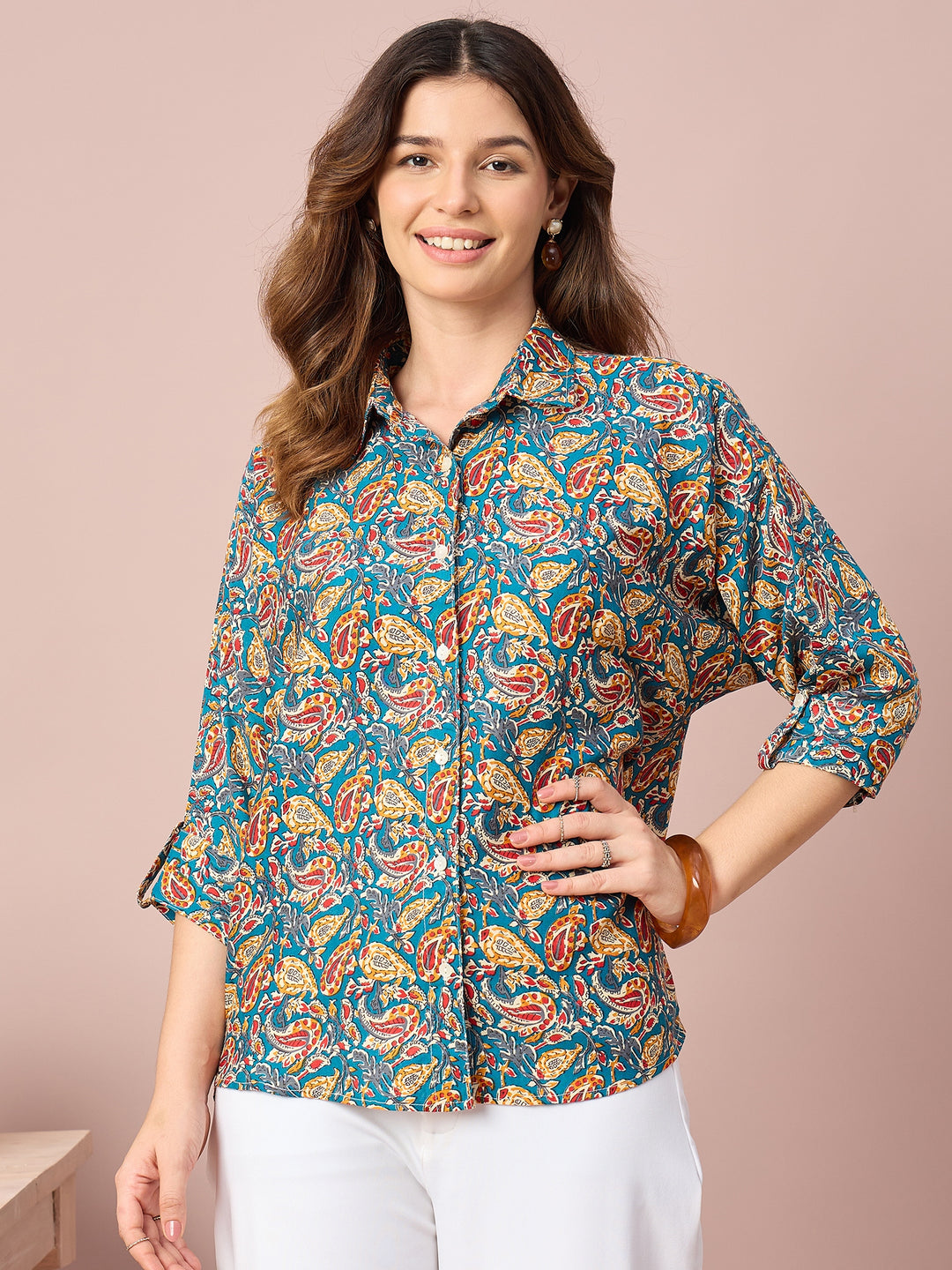 Women’s Paisley Print Shirt | 3/4 Sleeve Button-Down Casual Top for Women | Stylish Printed Western Wear Shirt