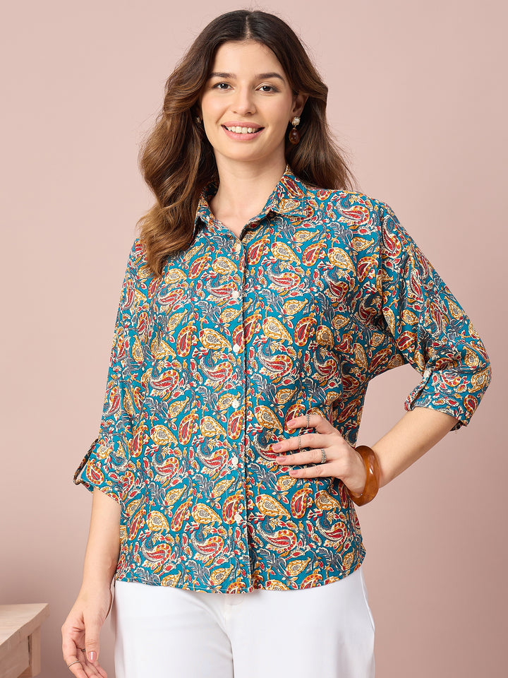 Women’s Paisley Print Shirt | 3/4 Sleeve Button-Down Casual Top for Women | Stylish Printed Western Wear Shirt