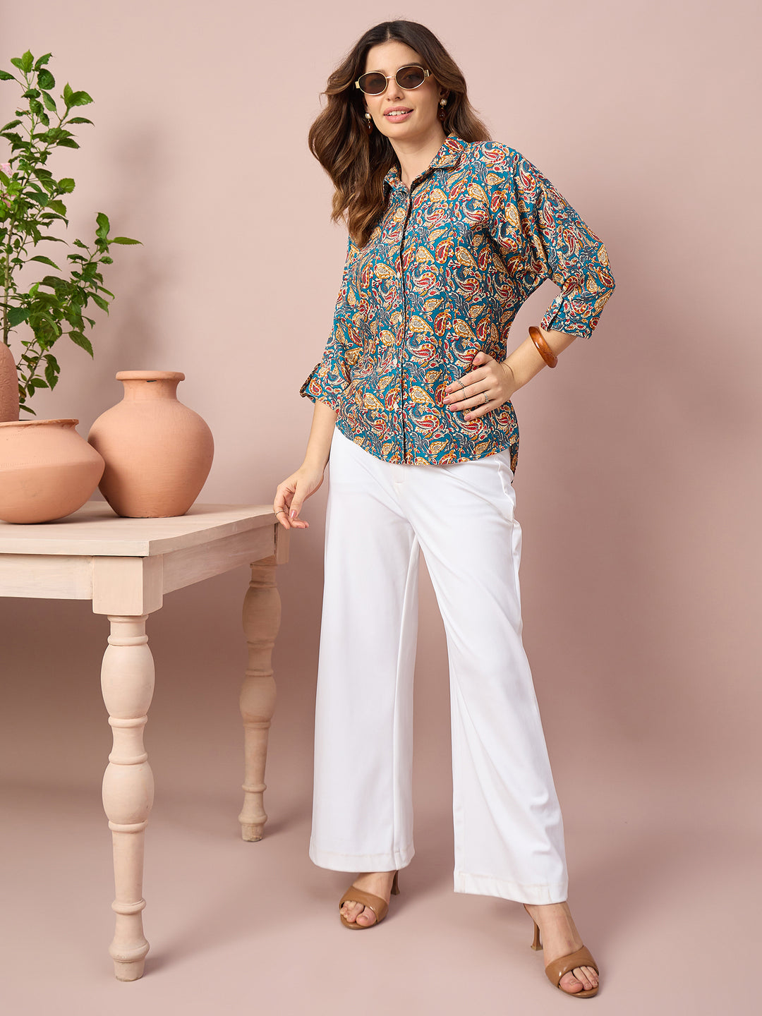 Women’s Paisley Print Shirt | 3/4 Sleeve Button-Down Casual Top for Women | Stylish Printed Western Wear Shirt
