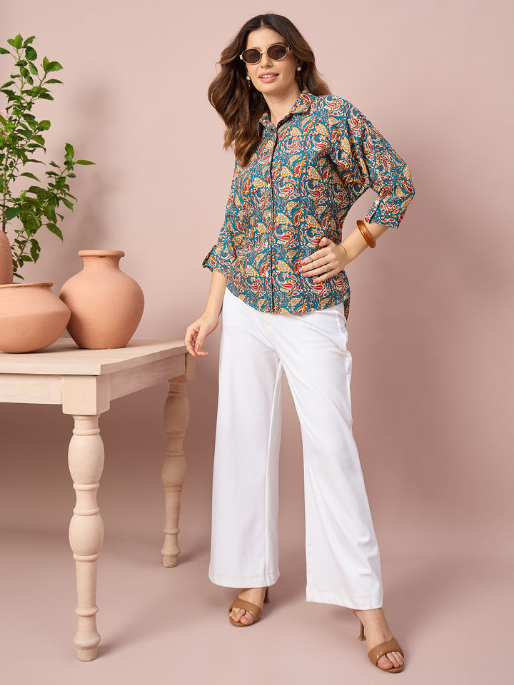 Women’s Paisley Print Shirt | 3/4 Sleeve Button-Down Casual Top for Women | Stylish Printed Western Wear Shirt