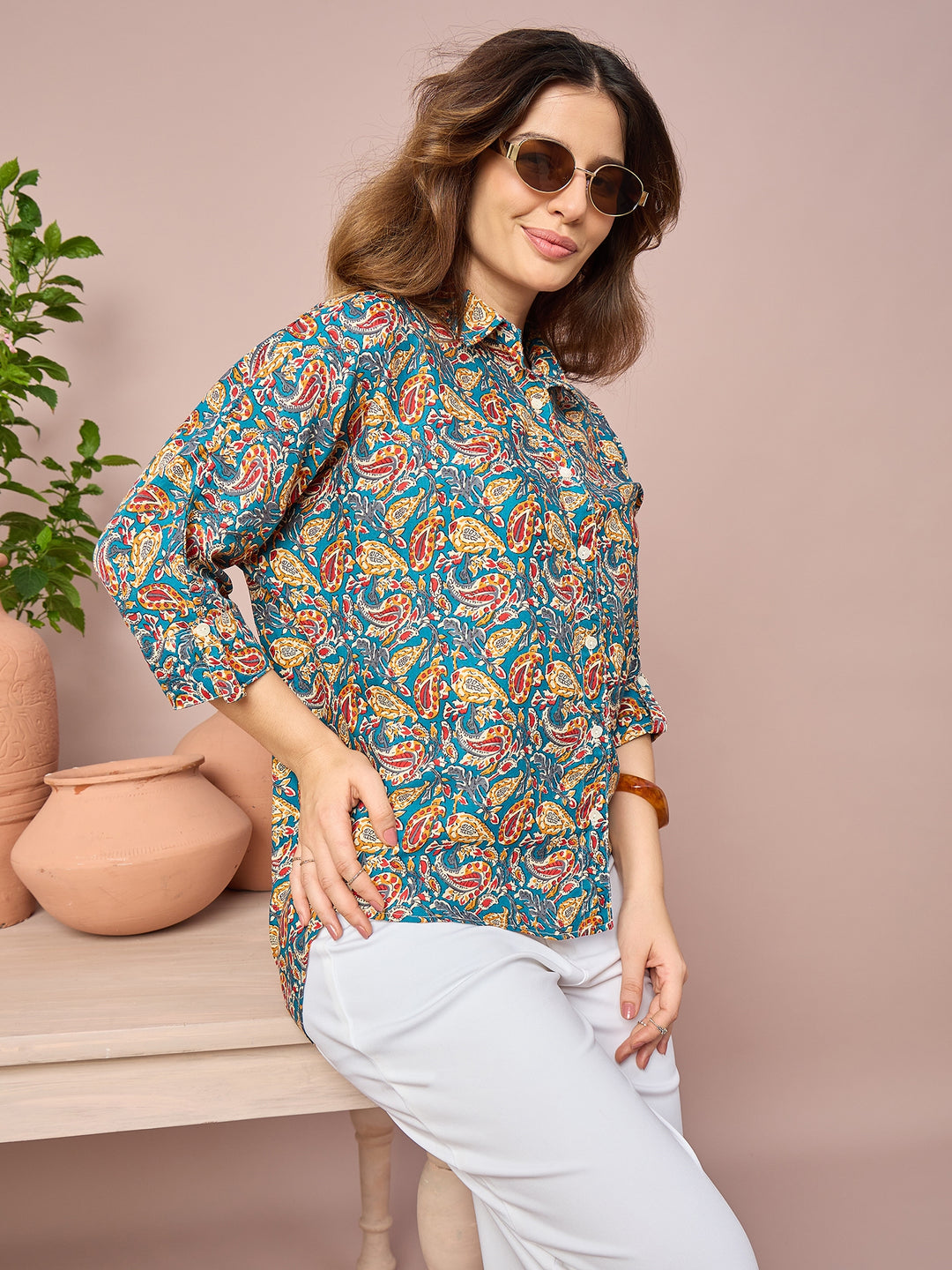 Women’s Paisley Print Shirt | 3/4 Sleeve Button-Down Casual Top for Women | Stylish Printed Western Wear Shirt