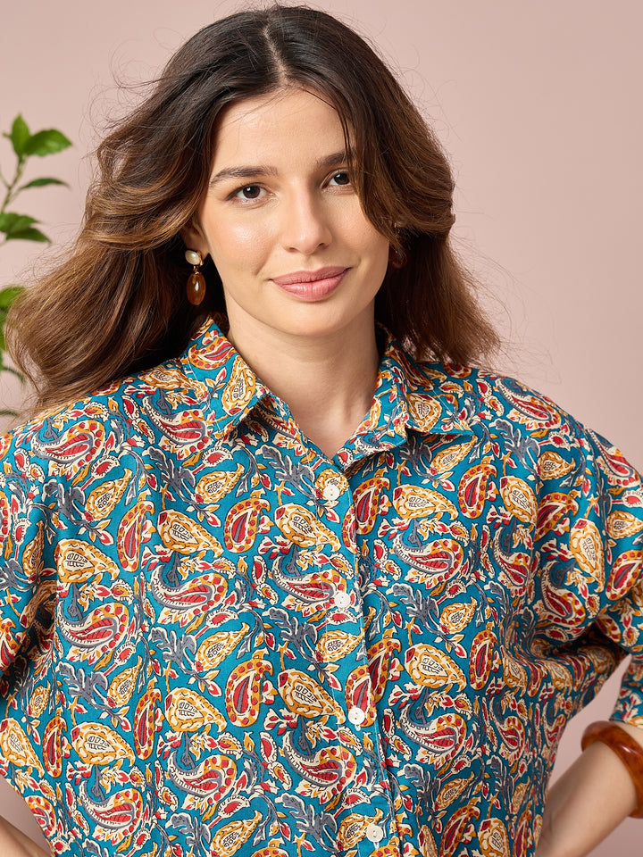Women’s Paisley Print Shirt | 3/4 Sleeve Button-Down Casual Top for Women | Stylish Printed Western Wear Shirt