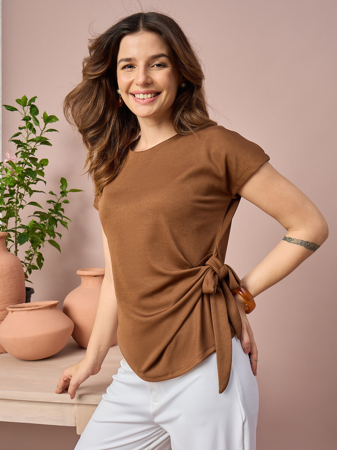 Women’s Side-Tie Crewneck Top | Short Sleeve Casual Blouse