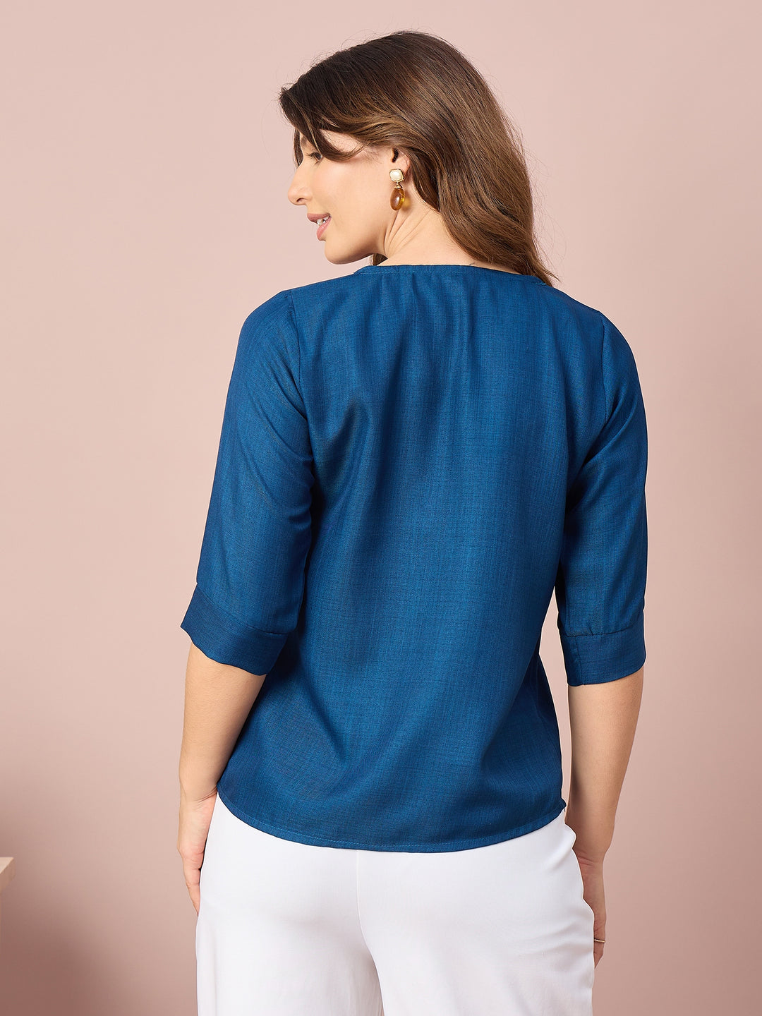Women’s Solid Top with V-Neck, Decorative Button Detail and 3/4 Sleeves | Casual Everyday Wear Top