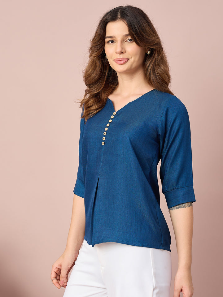 Women’s Solid Top with V-Neck, Decorative Button Detail and 3/4 Sleeves | Casual Everyday Wear Top