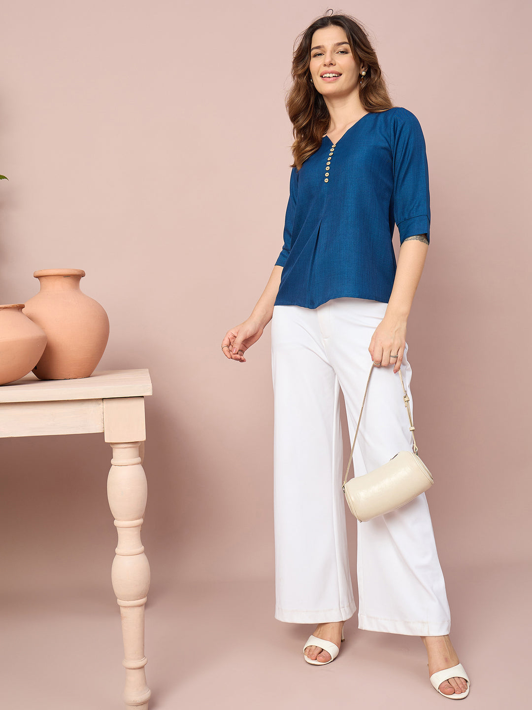 Women’s Solid Top with V-Neck, Decorative Button Detail and 3/4 Sleeves | Casual Everyday Wear Top