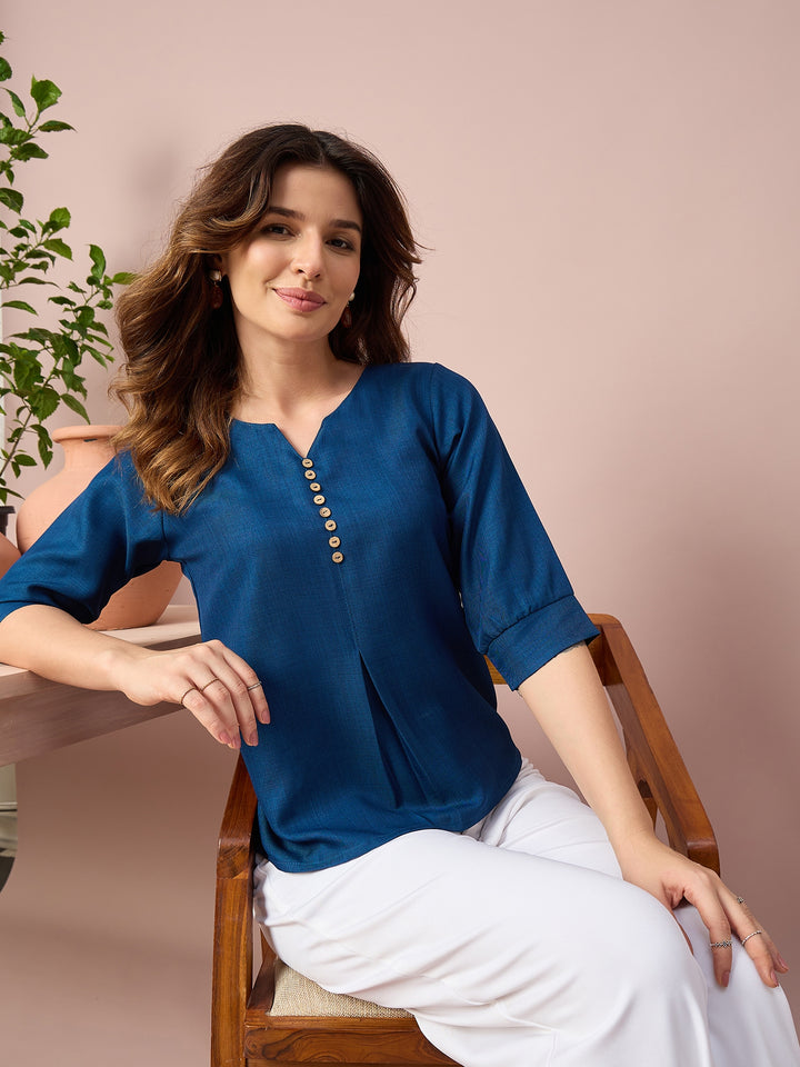 Women’s Solid Top with V-Neck, Decorative Button Detail and 3/4 Sleeves | Casual Everyday Wear Top