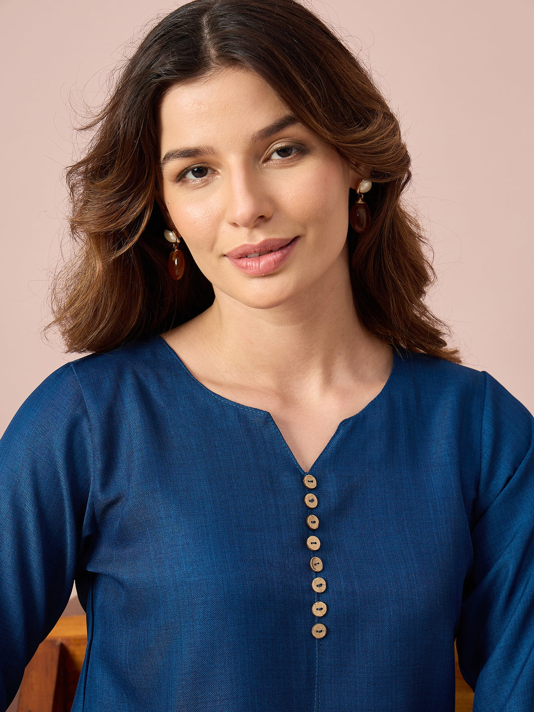 Women’s Solid Top with V-Neck, Decorative Button Detail and 3/4 Sleeves | Casual Everyday Wear Top