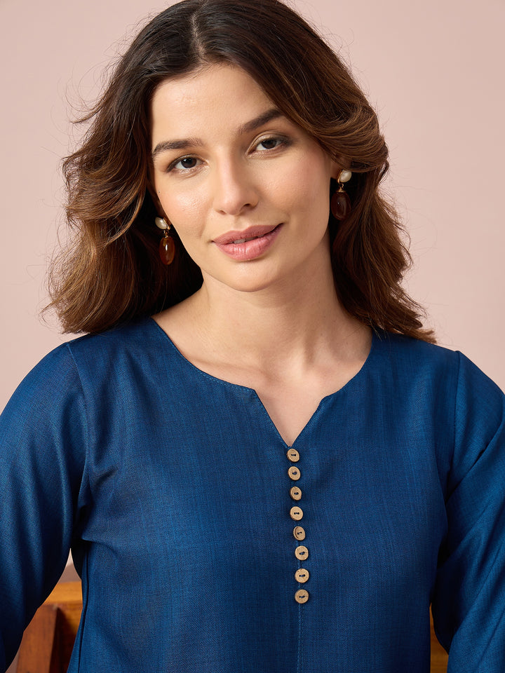 Women’s Solid Top with V-Neck, Decorative Button Detail and 3/4 Sleeves | Casual Everyday Wear Top