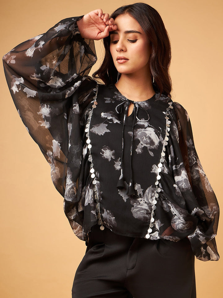 Chiffon Top with Oversize Sleeve and Embellishment