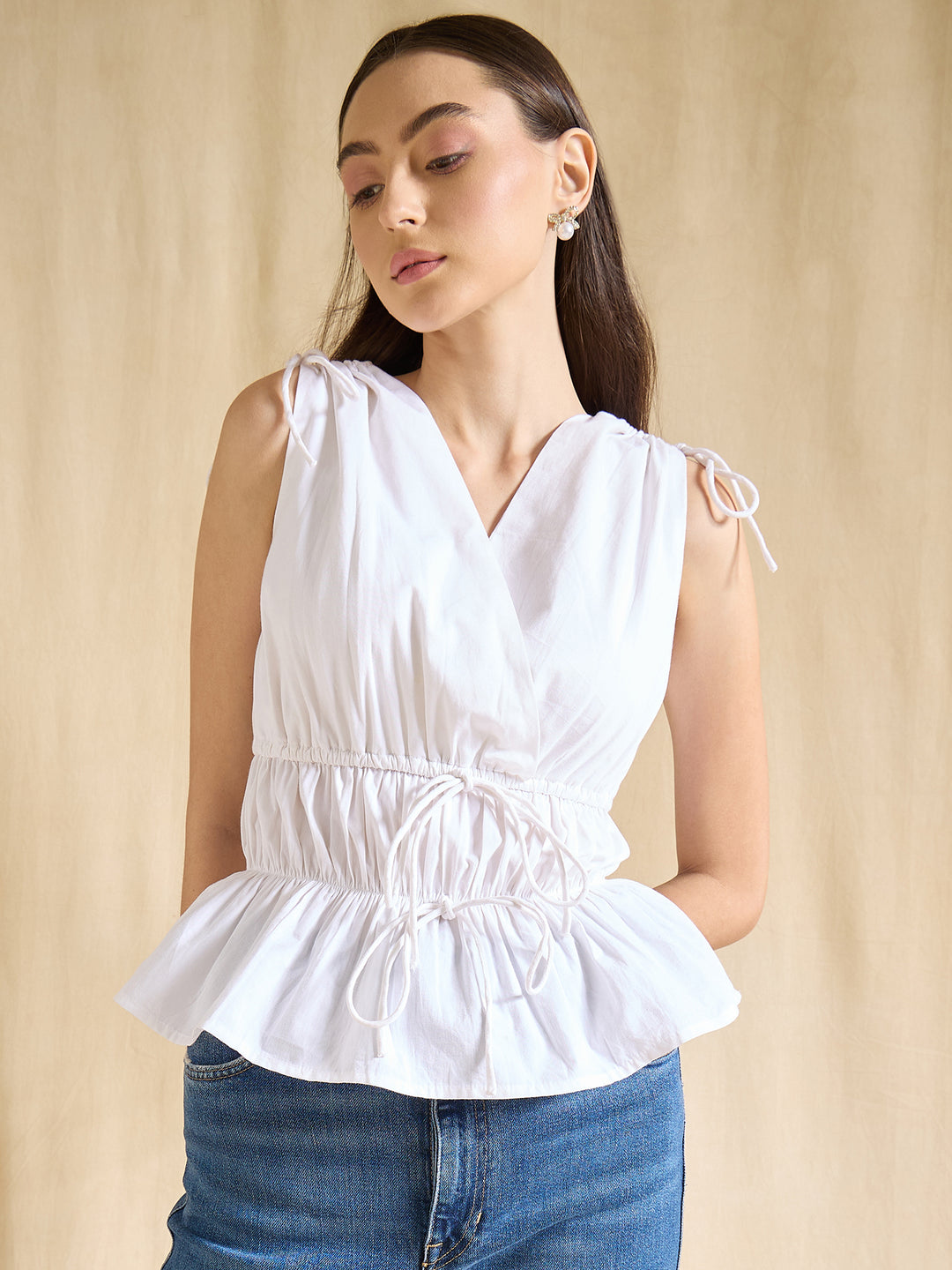 White Cotton Peplum Top with Shoulder Tie-Ups