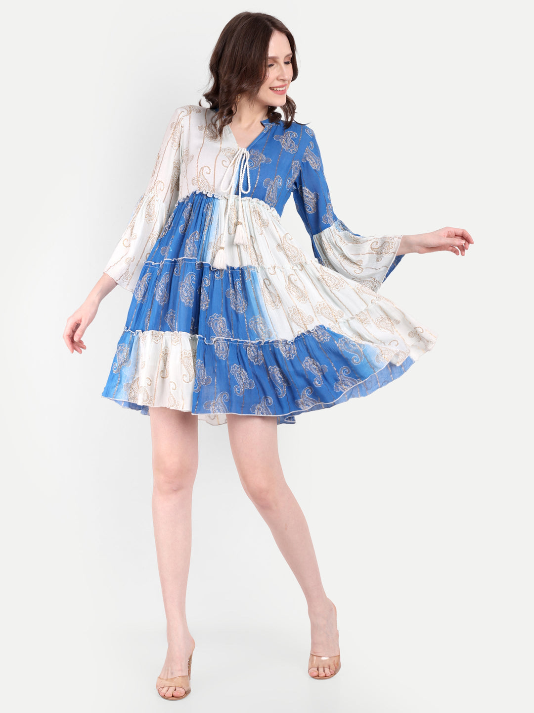 PRINTED TIERED SHORT DRESS WITH BELL SLEEVES