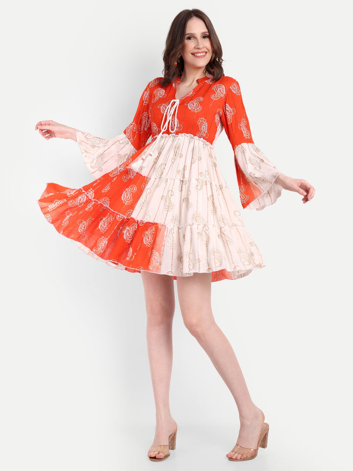 PRINTED TIERED SHORT DRESS WITH BELL SLEEVES