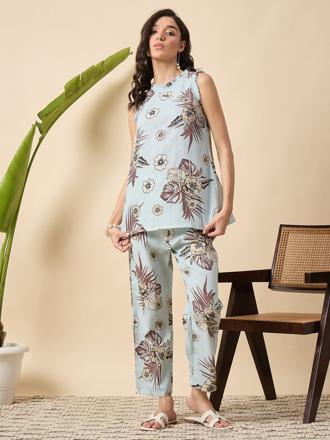 floral printed  short kurta and pant cotton set