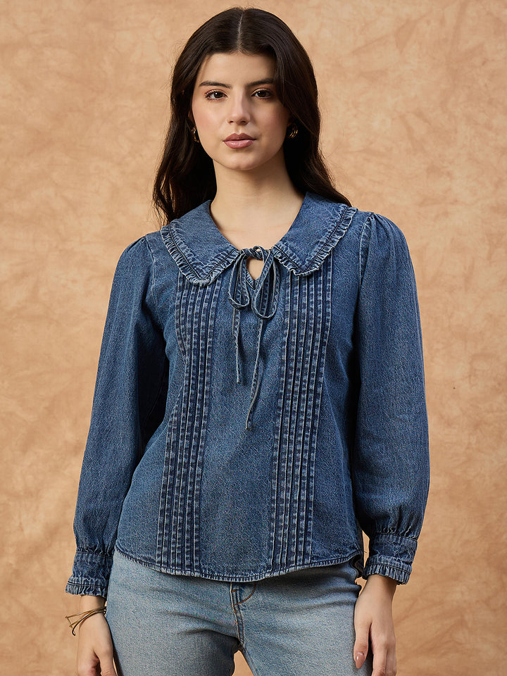 Women’s Dark Blue Denim Top with peter pan Collar & Pin-Tuck Detailing