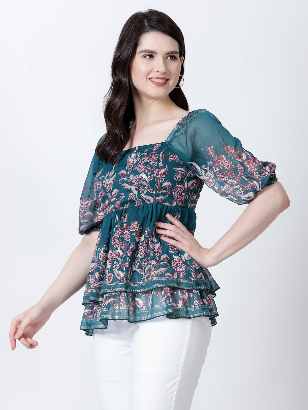 Peplum Top with Elbow Sleeve and Back Smocking